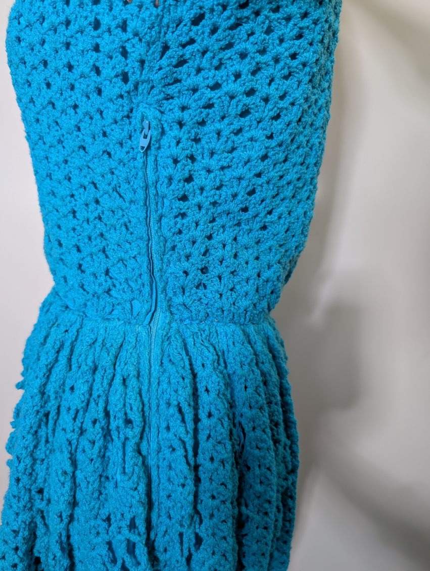 Vintage Handmade Crochet Maxi Dress - Vibrant Blue Long Sleeve - Image 10