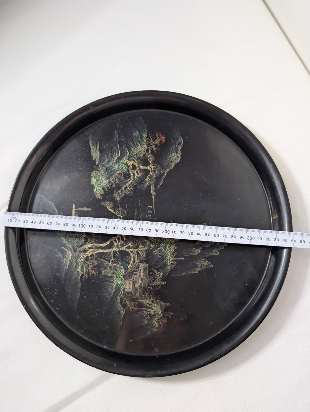 Vintage Asian Serving Tray Black Lacquerware Hand-Painted Landscape - Image 5