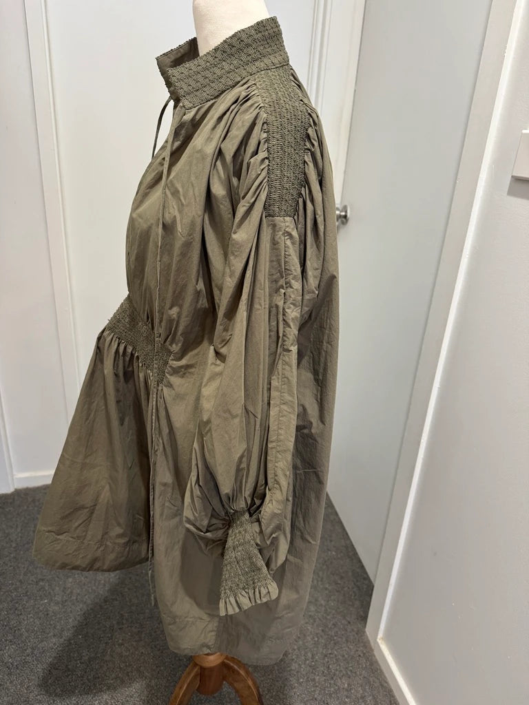 Lee Mathews Olive Green Smocked Waist Midi Dress - Image 7