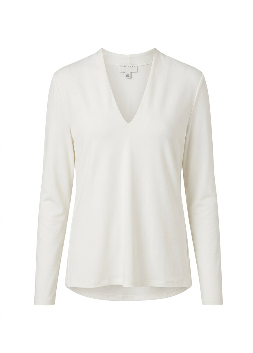 Witchery White Long Sleeve V-Neck Top - Image 1