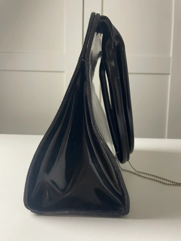 DKNY Black Patent Leather Structured Trapezoid Handbag - Image 6