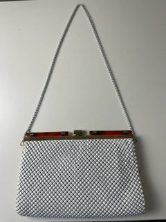 White Metal Mesh Evening Handbag with Gold-Tone Frame - Image 8