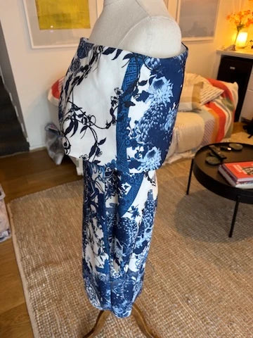 ASOS Off-the-Shoulder Midi Dress Blue White Patterned - Image 9