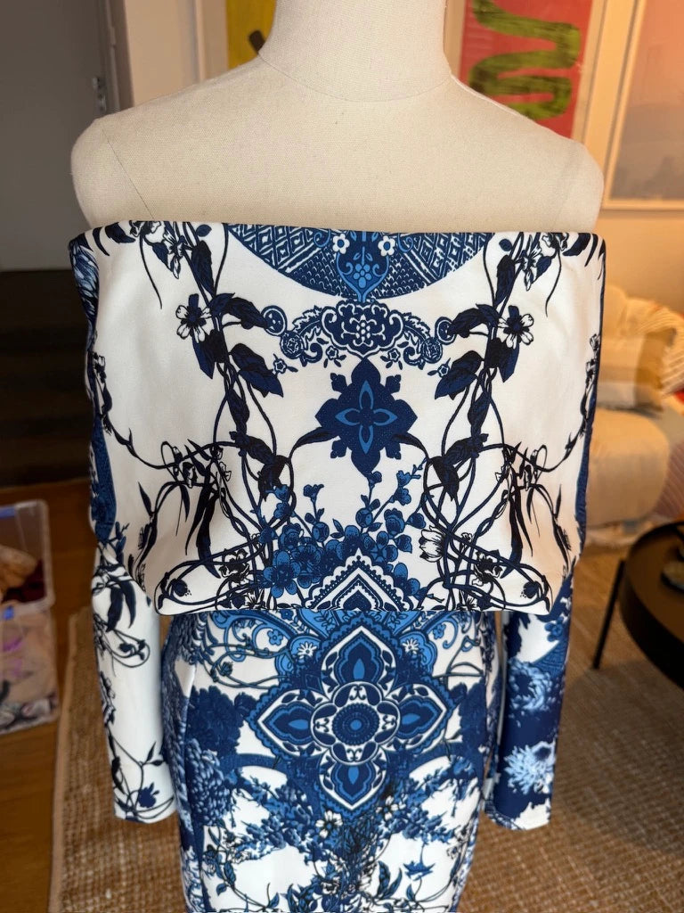 ASOS Off-the-Shoulder Midi Dress Blue White Patterned - Image 10