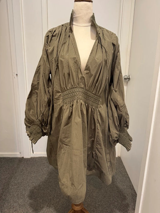 Lee Mathews Olive Green Smocked Waist Midi Dress - Image 1