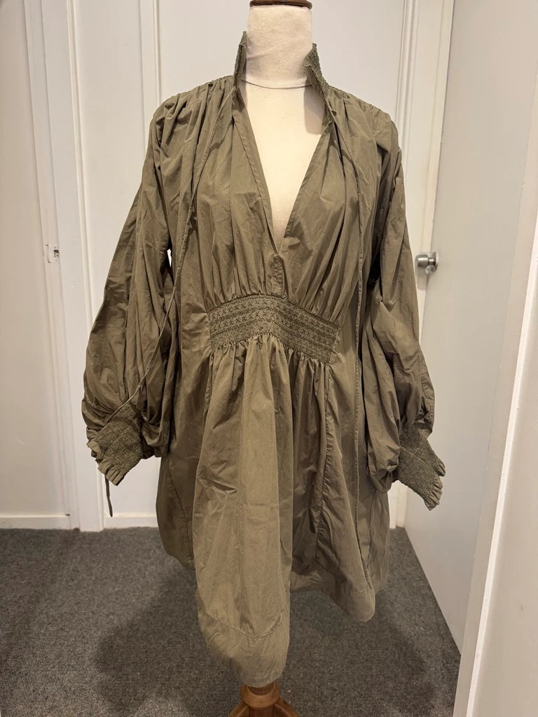 Lee Mathews Olive Green Smocked Waist Midi Dress - Image 1