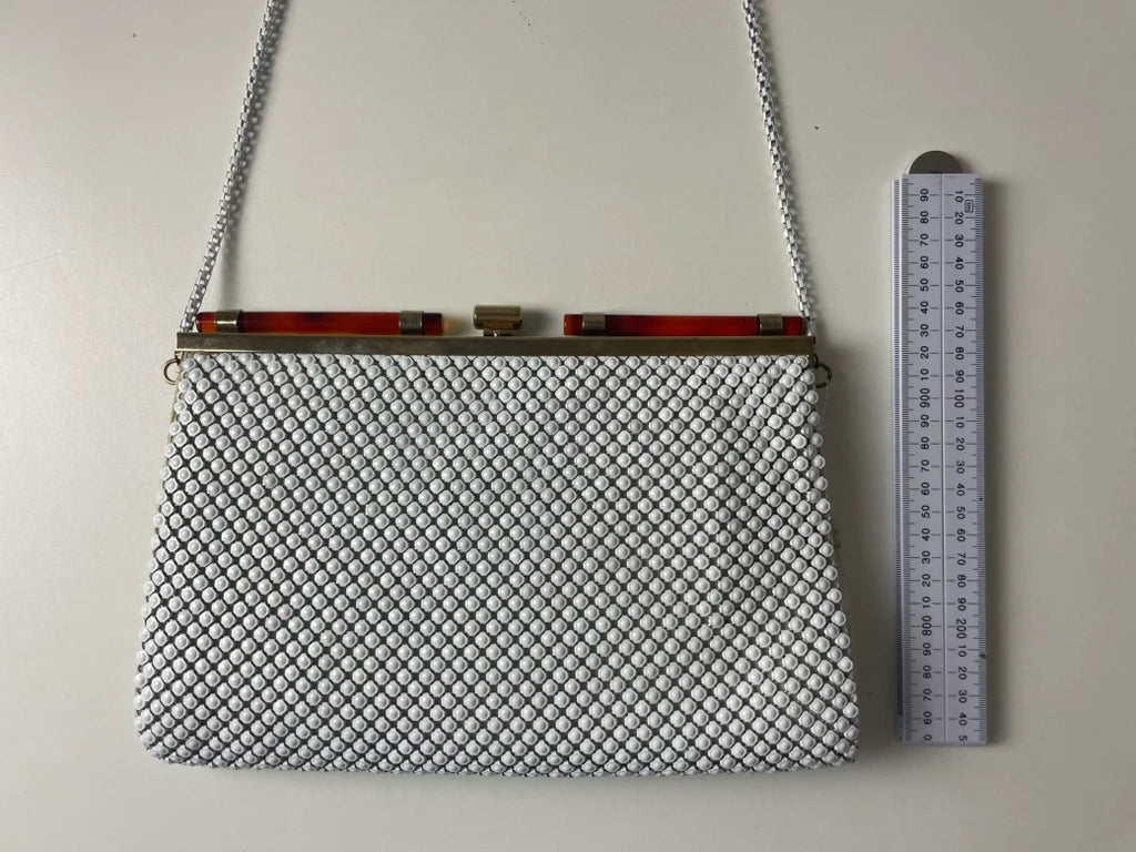 White Metal Mesh Evening Handbag with Gold-Tone Frame - Image 10
