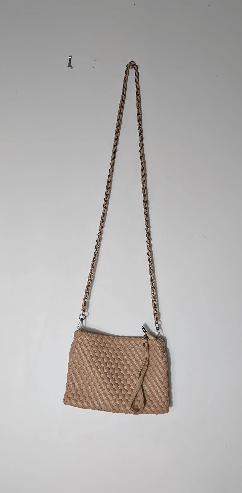 Black Caviar Beige Woven Leather Handbag with Detachable Strap - Image 9