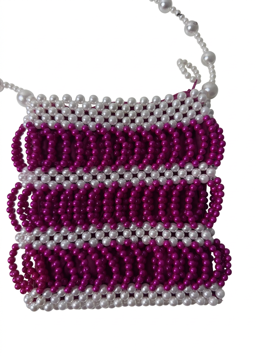 Small Beaded Handbag White and Magenta Striped Pattern - Image 1