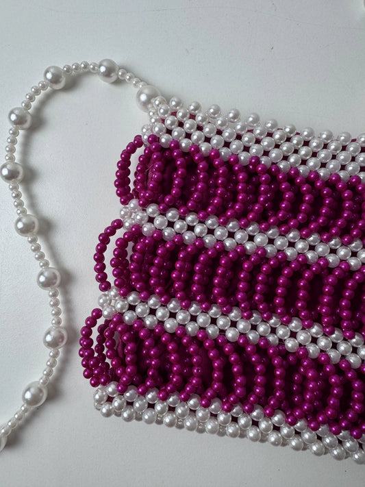 Small Beaded Handbag White and Magenta Striped Pattern - Image 2