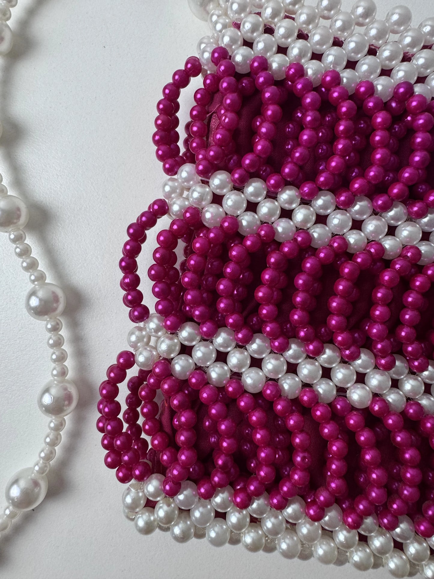 Small Beaded Handbag White and Magenta Striped Pattern - Image 3