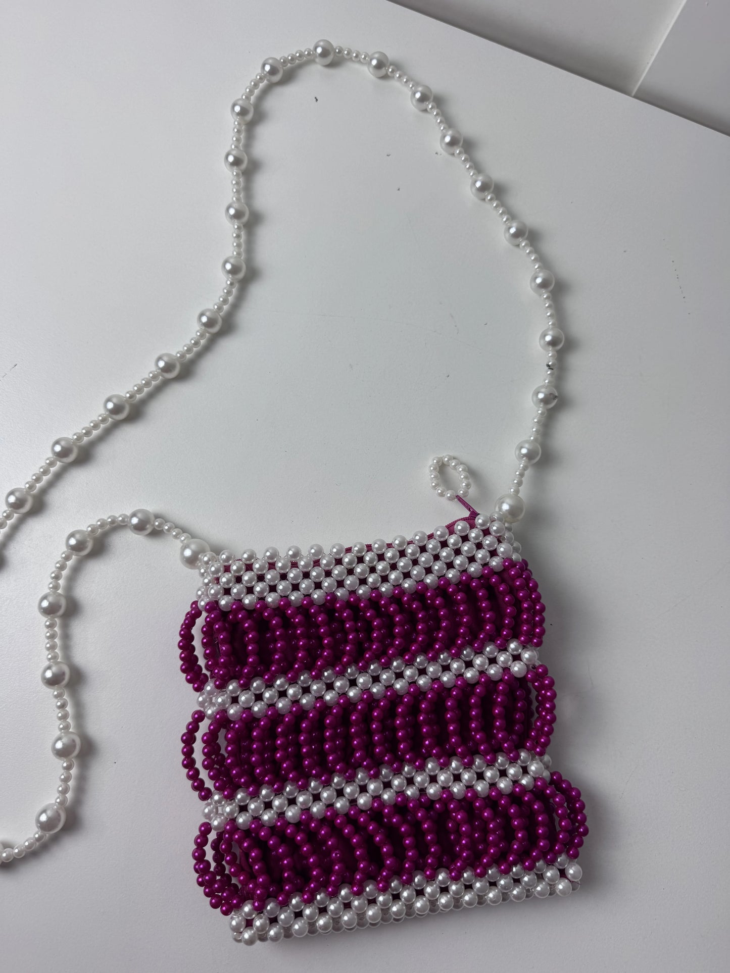 Small Beaded Handbag White and Magenta Striped Pattern - Image 8