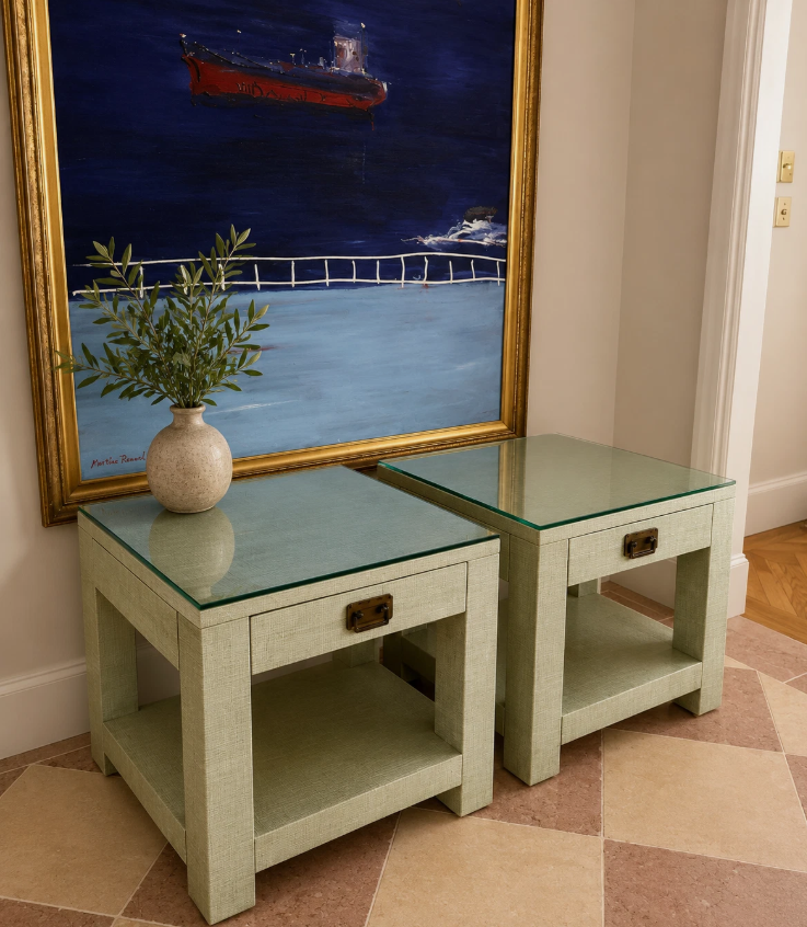 Pair Designer Grasscloth Bedside Tables From The Classic Outfitter Side Tables