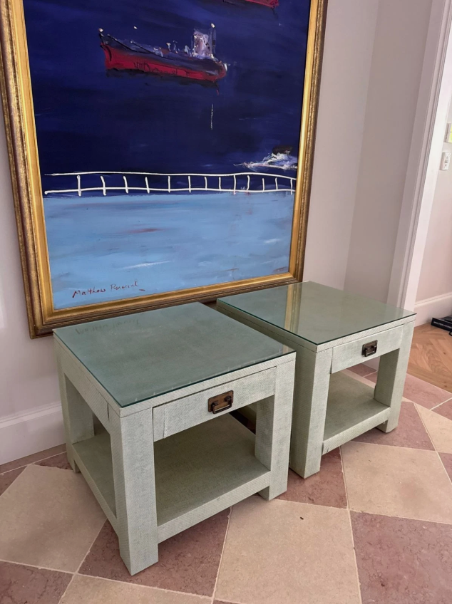 Pair Designer Grasscloth Bedside Tables From The Classic Outfitter Side Tables