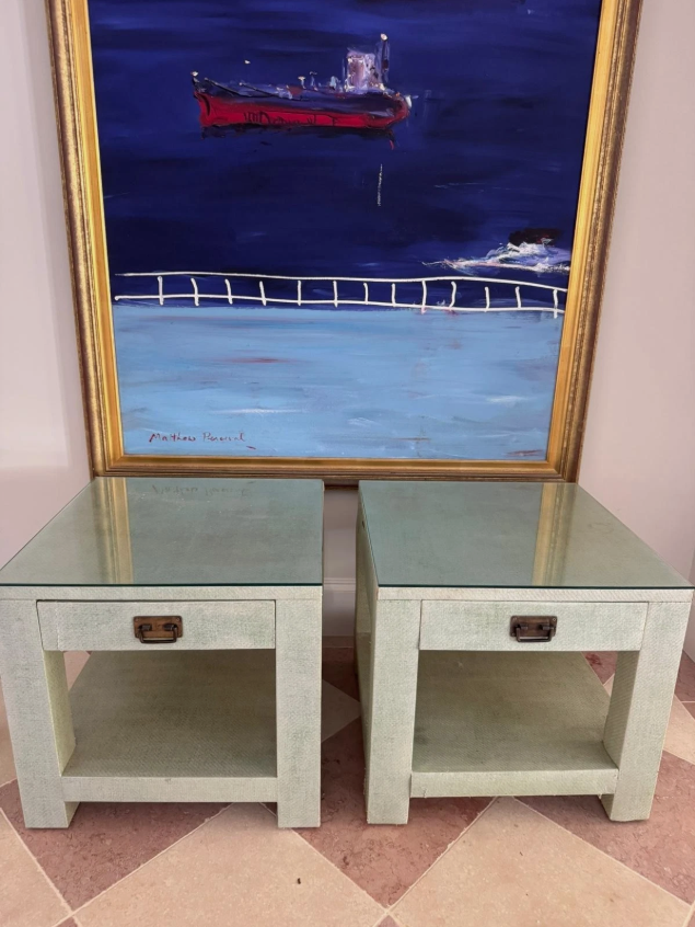 Pair Designer Grasscloth Bedside Tables From The Classic Outfitter Side Tables