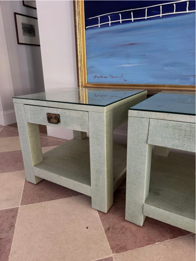 Pair Designer Grasscloth Bedside Tables From The Classic Outfitter Side Tables