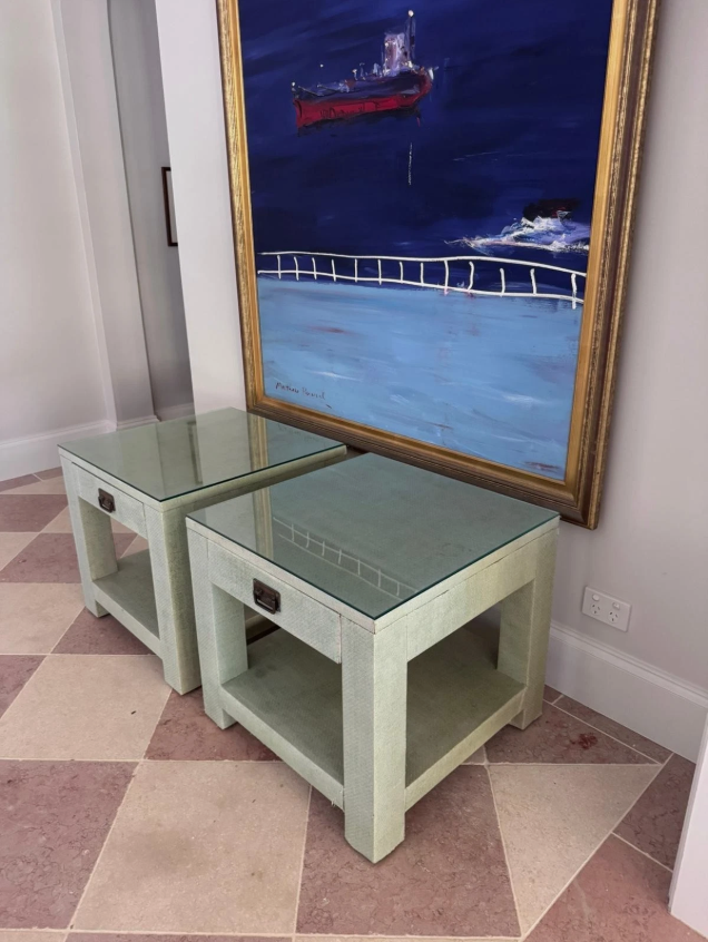 Pair Designer Grasscloth Bedside Tables From The Classic Outfitter Side Tables