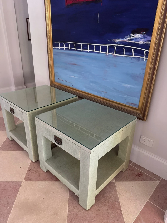 Pair Designer Grasscloth Bedside Tables From The Classic Outfitter Side Tables