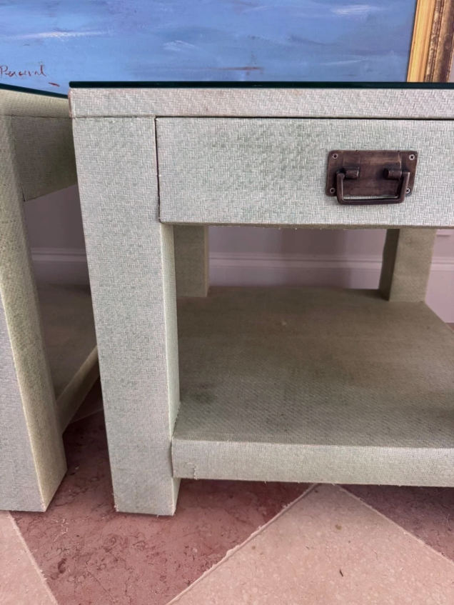 Pair Designer Grasscloth Bedside Tables From The Classic Outfitter Side Tables