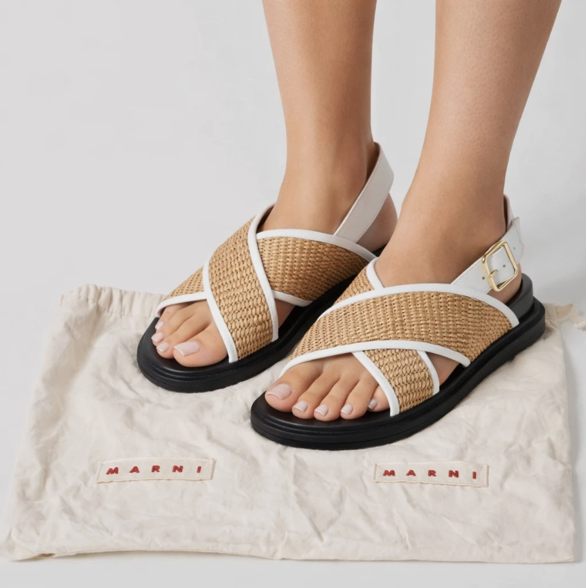Marni Raffia Cross Strap Platform Sandals White Brown