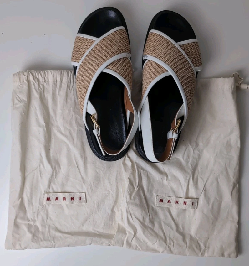 Marni Raffia Cross Strap Platform Sandals White Brown