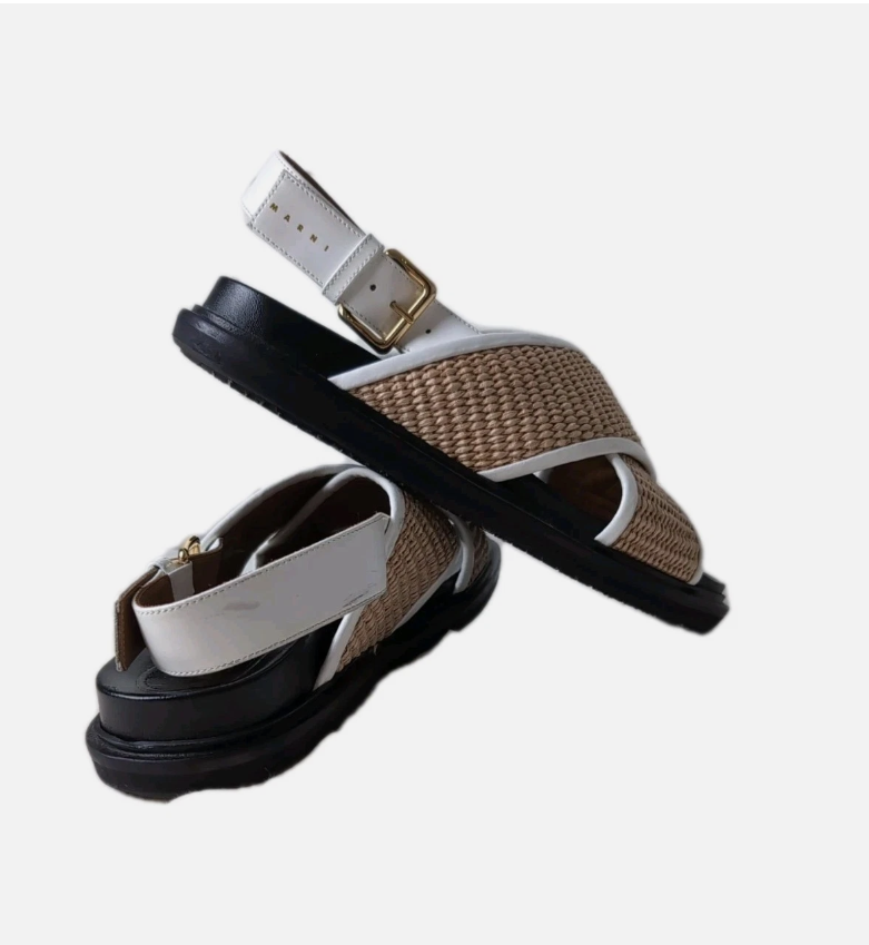 Marni Raffia Cross Strap Platform Sandals White Brown