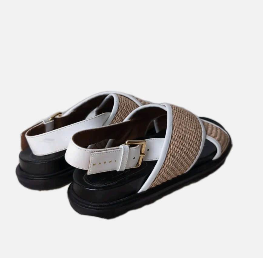 Marni Raffia Cross Strap Platform Sandals White Brown