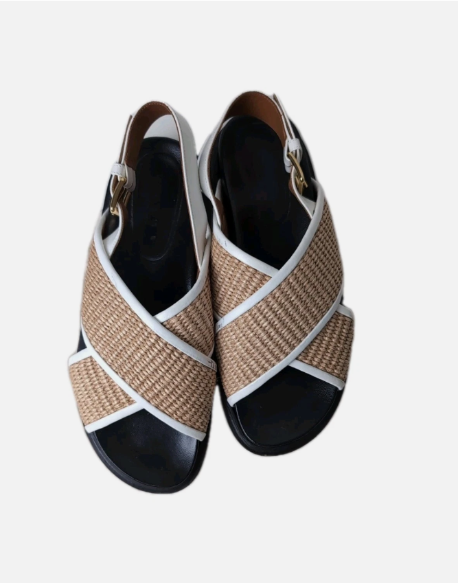 Marni Raffia Cross Strap Platform Sandals White Brown