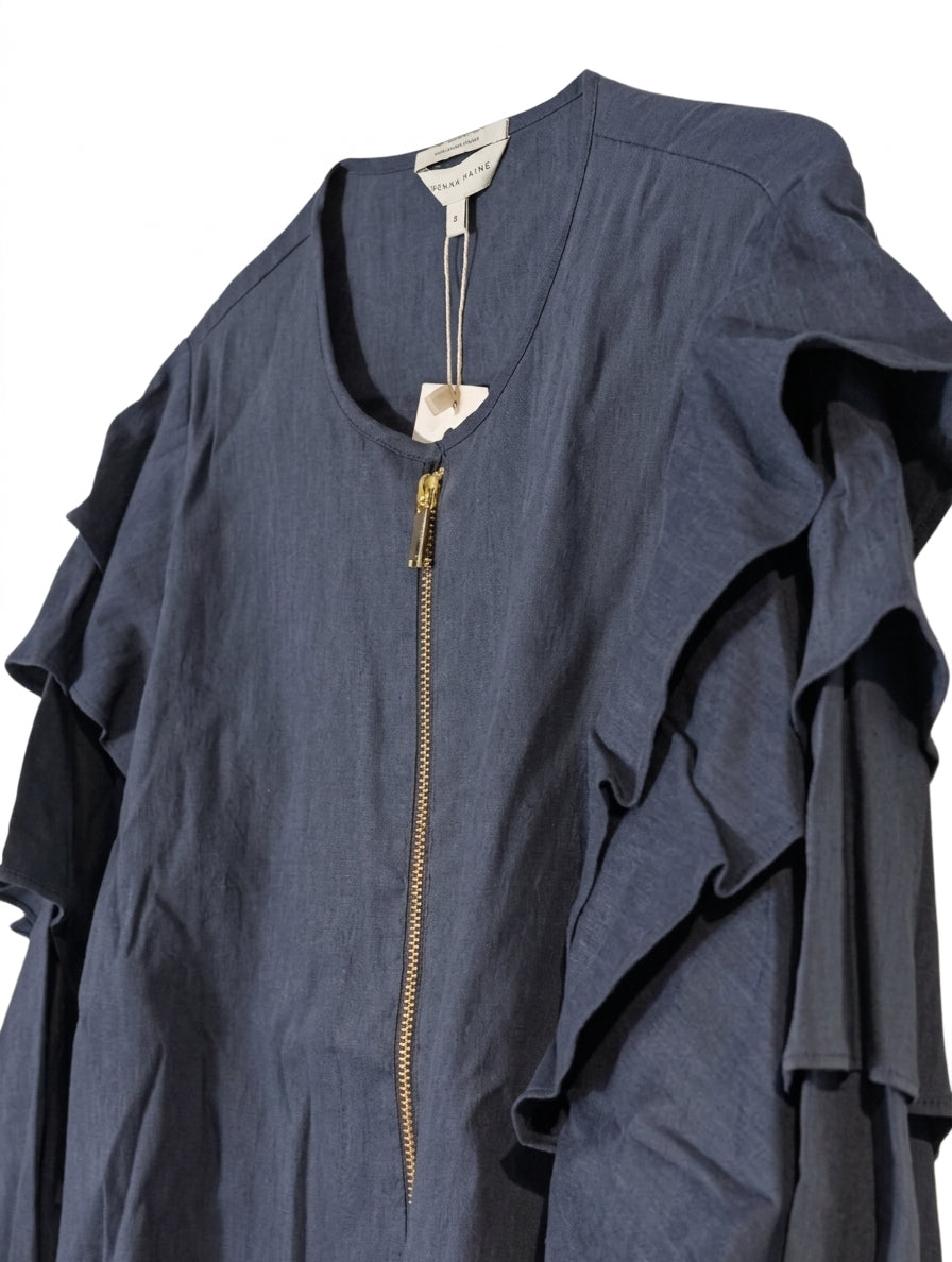 Veronika Maine Navy Blue Ruffle Zip-Up Jacket - Women's Size 8 - Image 5