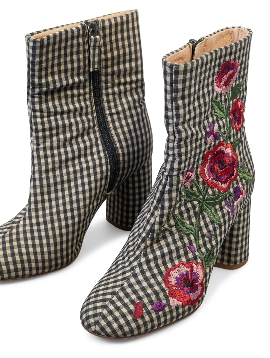 Topshop Gingham Floral Embroidered Ankle Boots - EU 39 - Image 1