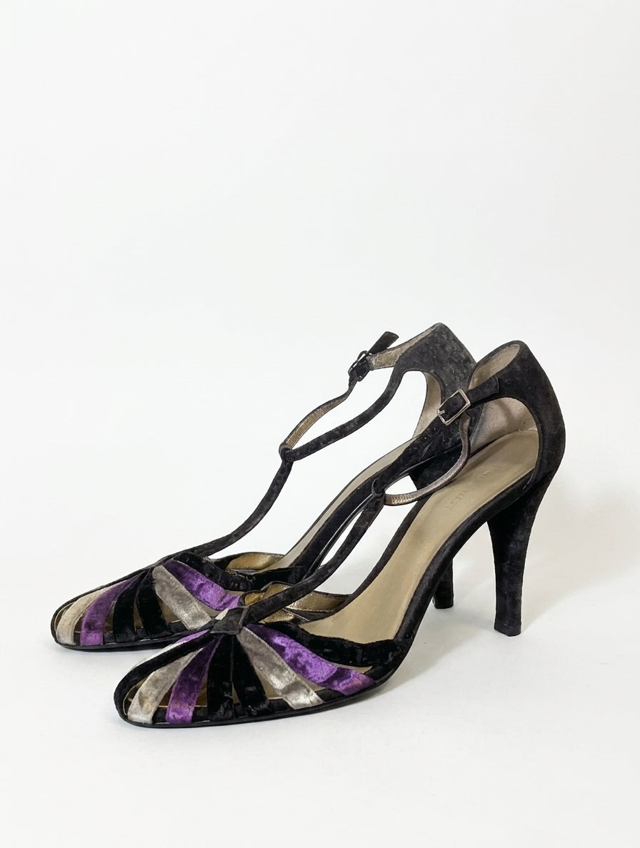 Nine West Vintage Style Velvet T-Strap Peep Toe Heels - Black/Purple US 8.5M - Image 1