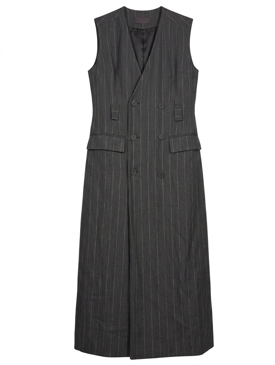 Ginger & Smart Longline Pinstripe Double-Breasted Sleeveless Vest Coat - Image 1