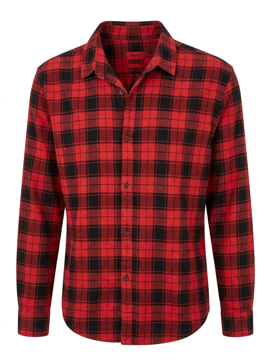 HUGO Boss Red and Black Plaid Button-Down Shirt - Men's Size M - Image 1