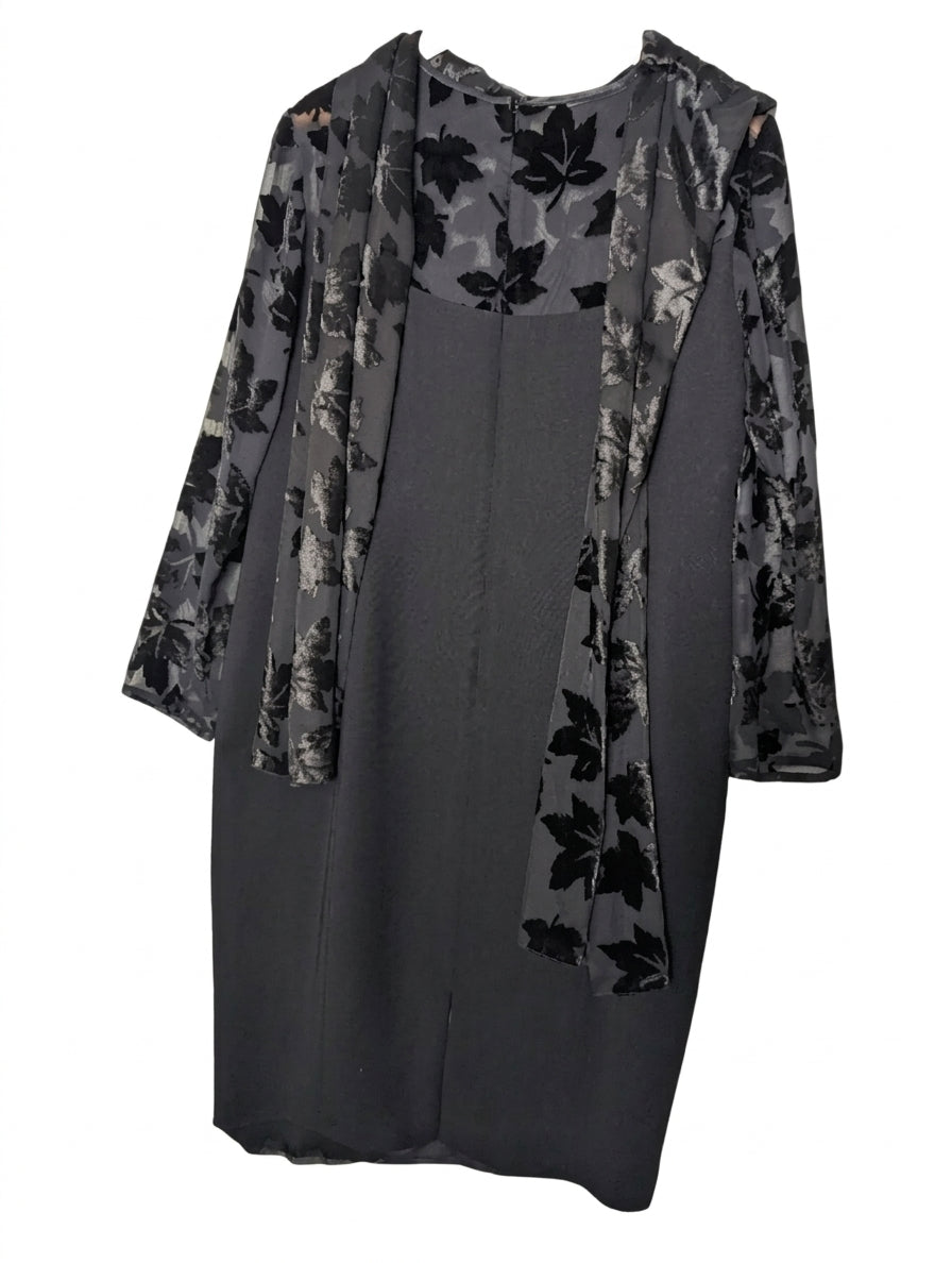 Anthea Crawford Sheath Dress - Black Velvet Leaf Overlay Size 16 - Image 1