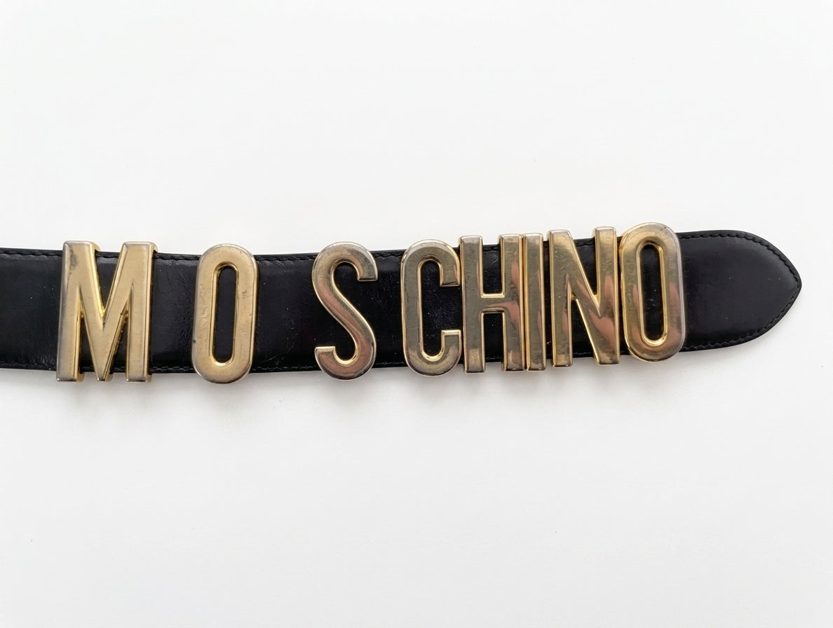 Vintage Moschino Gold Letter Logo Belt - Black Leather Made In Italy - Image 1