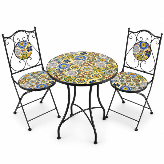 Outdoor Bistro Table and Chairs Set Mosaic Tile Metal Folding