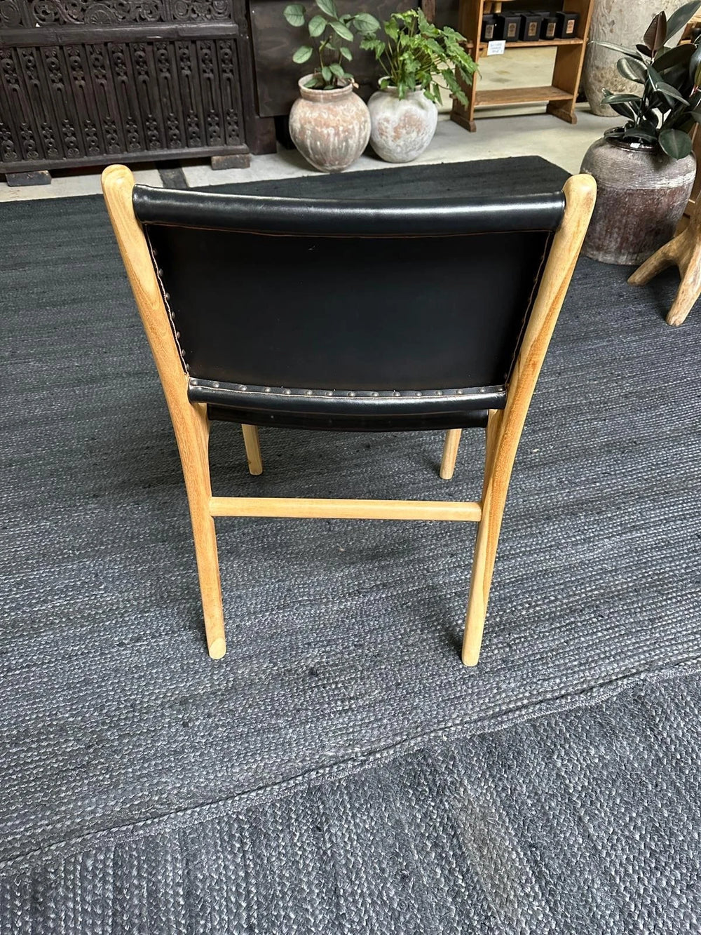 Danish Style Black Leather and Teak Dining Chair Scandinavian Modern