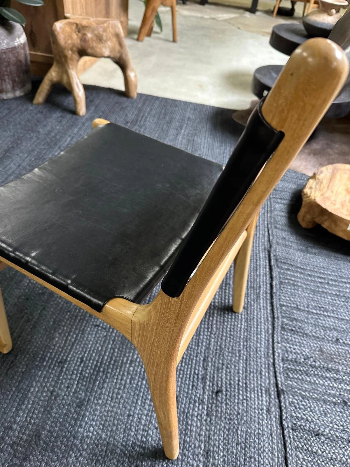 Danish Style Black Leather and Teak Dining Chair Scandinavian Modern