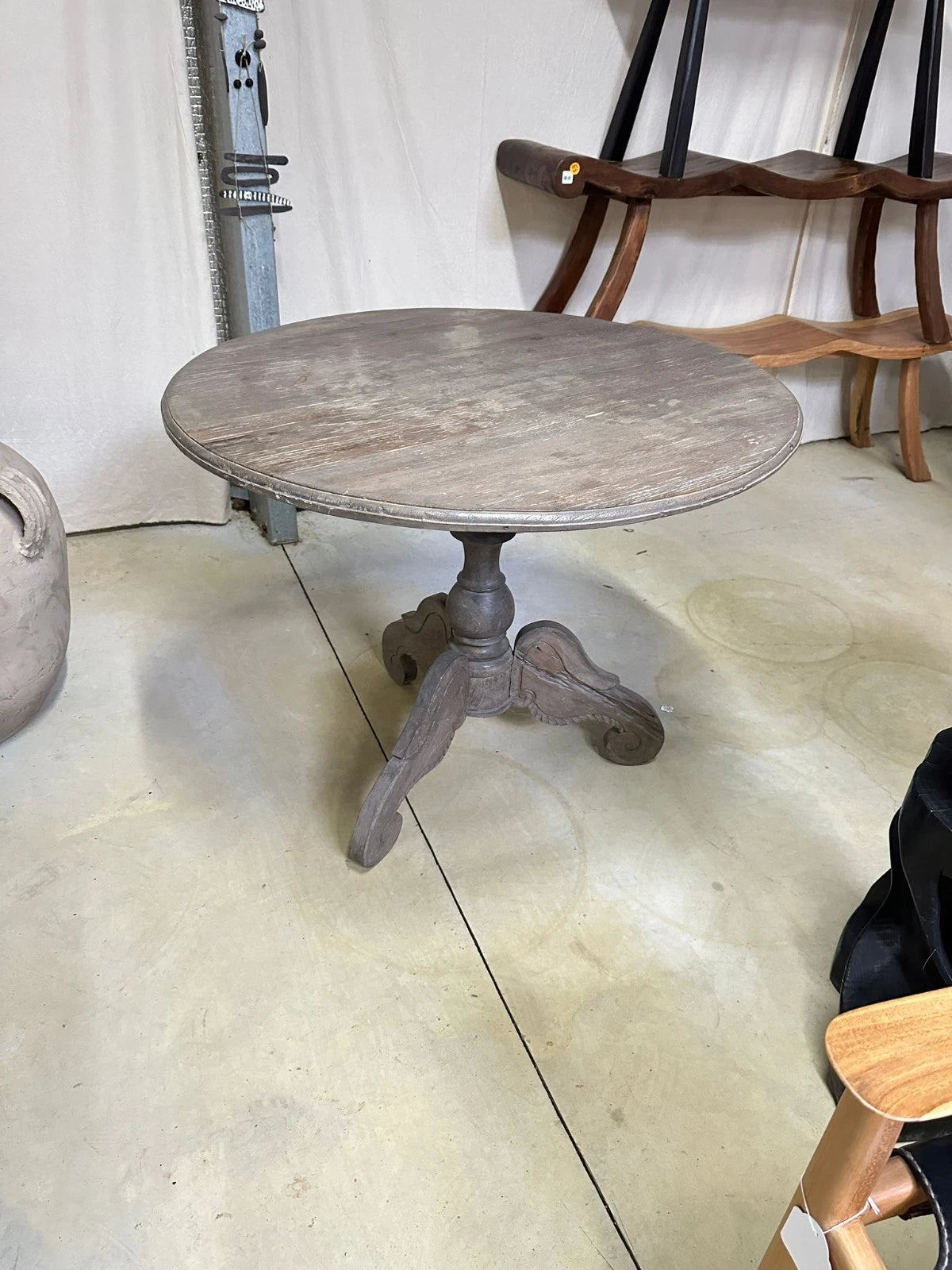 Antique Greyed Teak Side Table Round Rustic Pedestal Accent Table