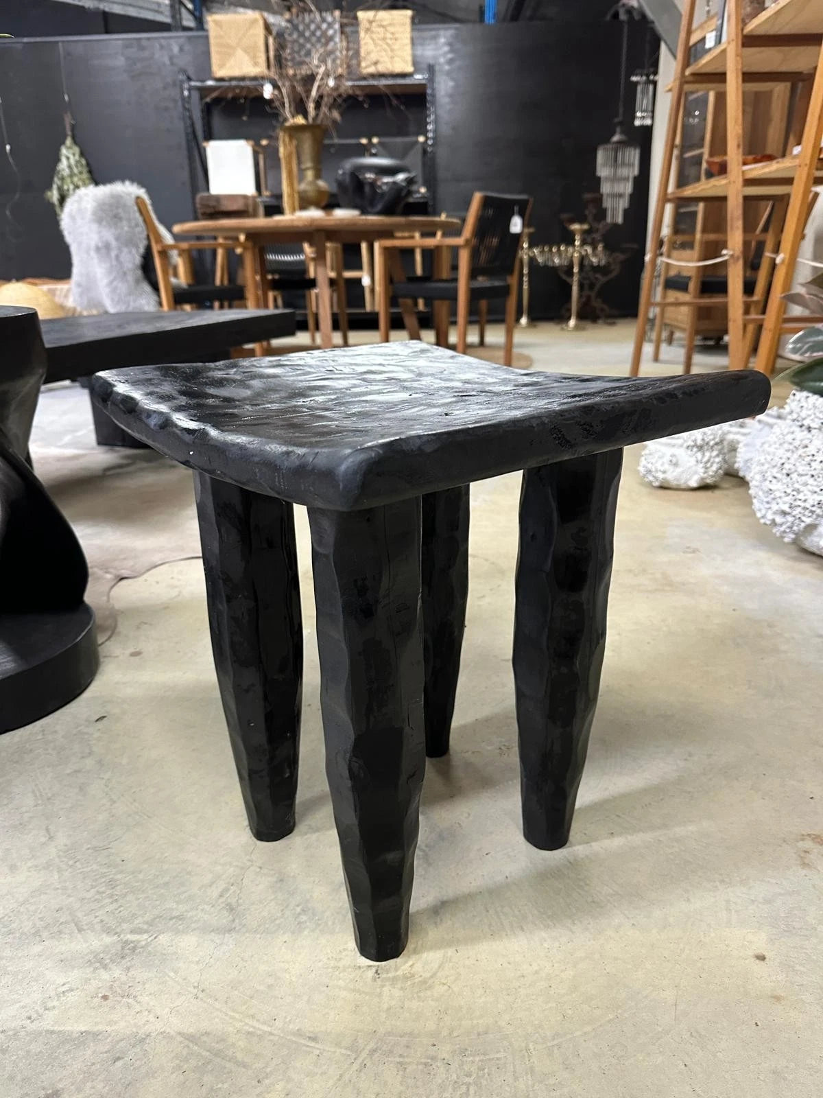 Hinoki Black Timber Stool Japanese Inspired Reclaimed Wood Side Table