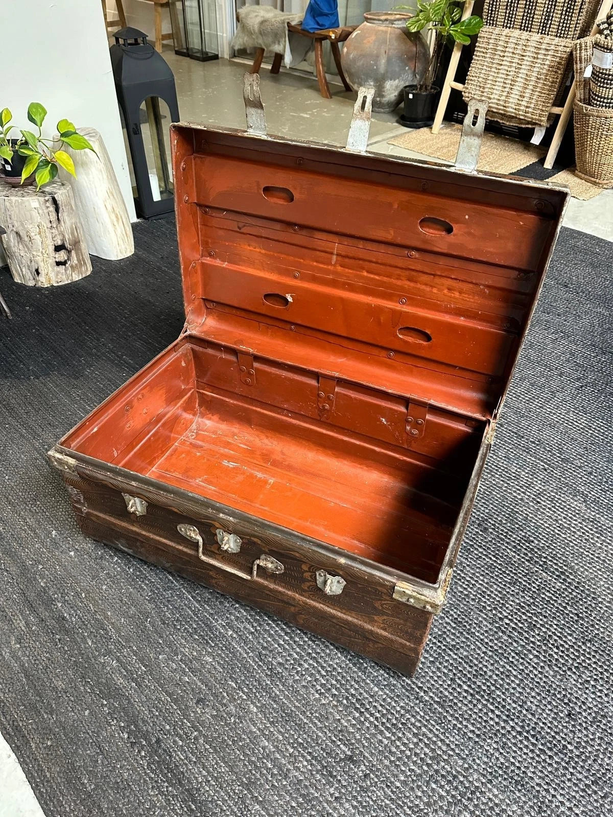 Vintage Japanese Marbled Metal Trunk Lockable Storage Chest Industrial Tansu