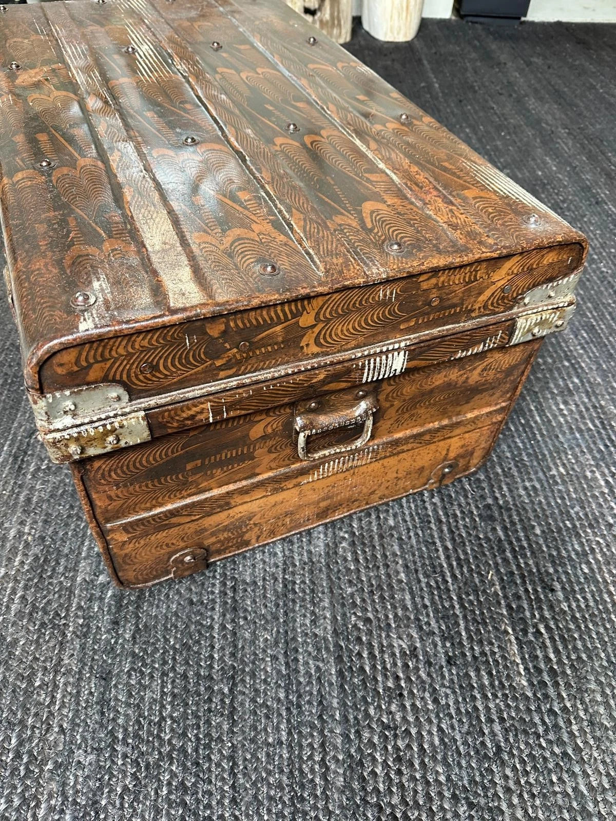 Vintage Japanese Marbled Metal Trunk Lockable Storage Chest Industrial Tansu