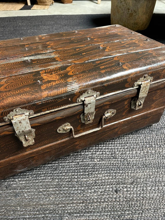 Vintage Japanese Marbled Metal Trunk Lockable Storage Chest Industrial Tansu