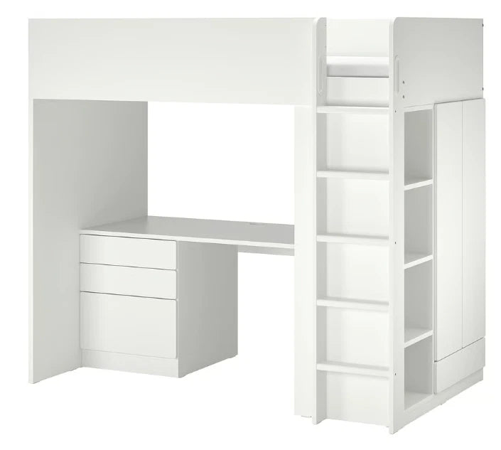 Loft Bed IKEA SMÅSTAD with Desk Storage Wardrobe Shelves White Kids Bed Study Setup