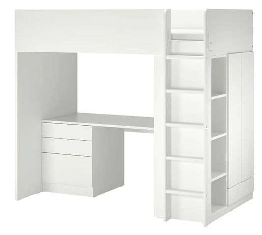 Loft Bed IKEA SMÅSTAD with Desk Storage Wardrobe Shelves White Kids Bed Study Setup