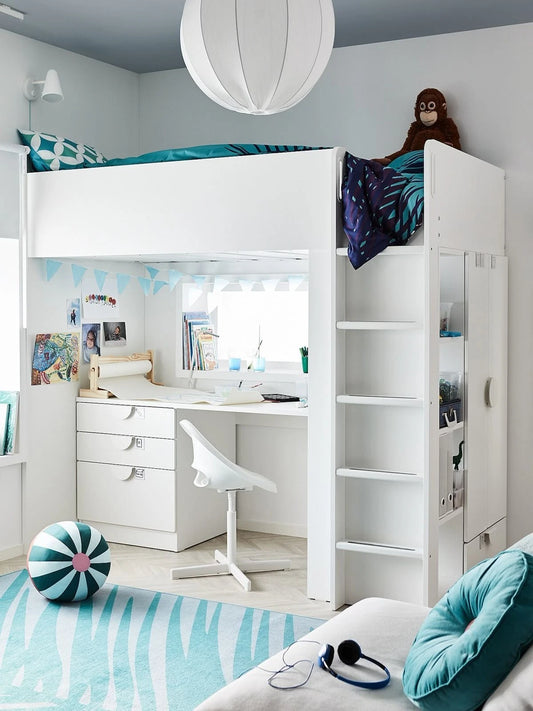 Loft Bed IKEA SMÅSTAD with Desk Storage Wardrobe Shelves White Kids Bed Study Setup